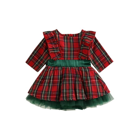 

Qtinghua Toddler Baby Girls Christmas Dress Plaids Print Long Sleeve Ruffle Tulle A-Line Dress Princess Party Clothes Red 3-4 Years