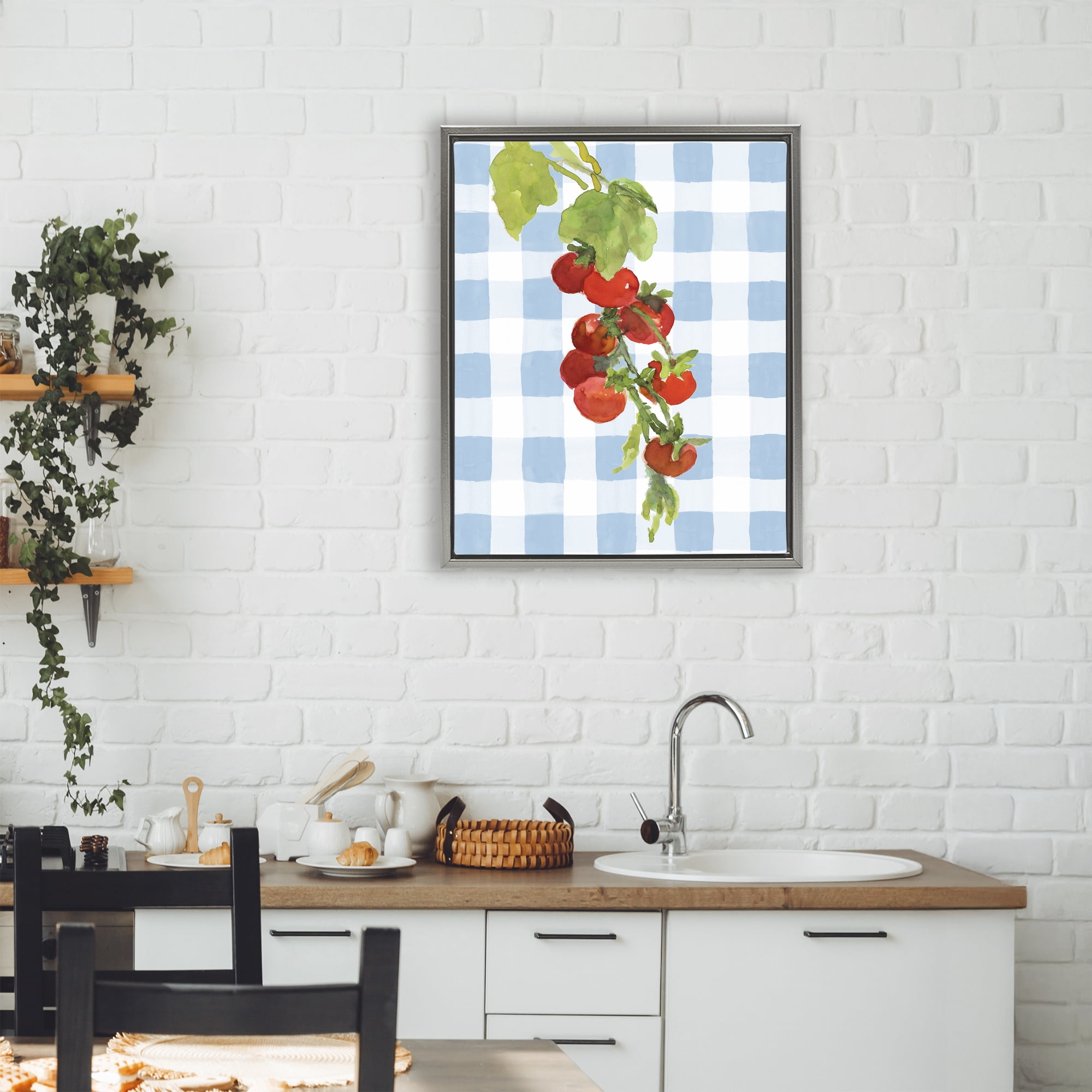 Stupell Industries Vine Ripe Tomatoes on Plaid Gray Framed Floater Canvas Wall Art, design by Lanie Loreth