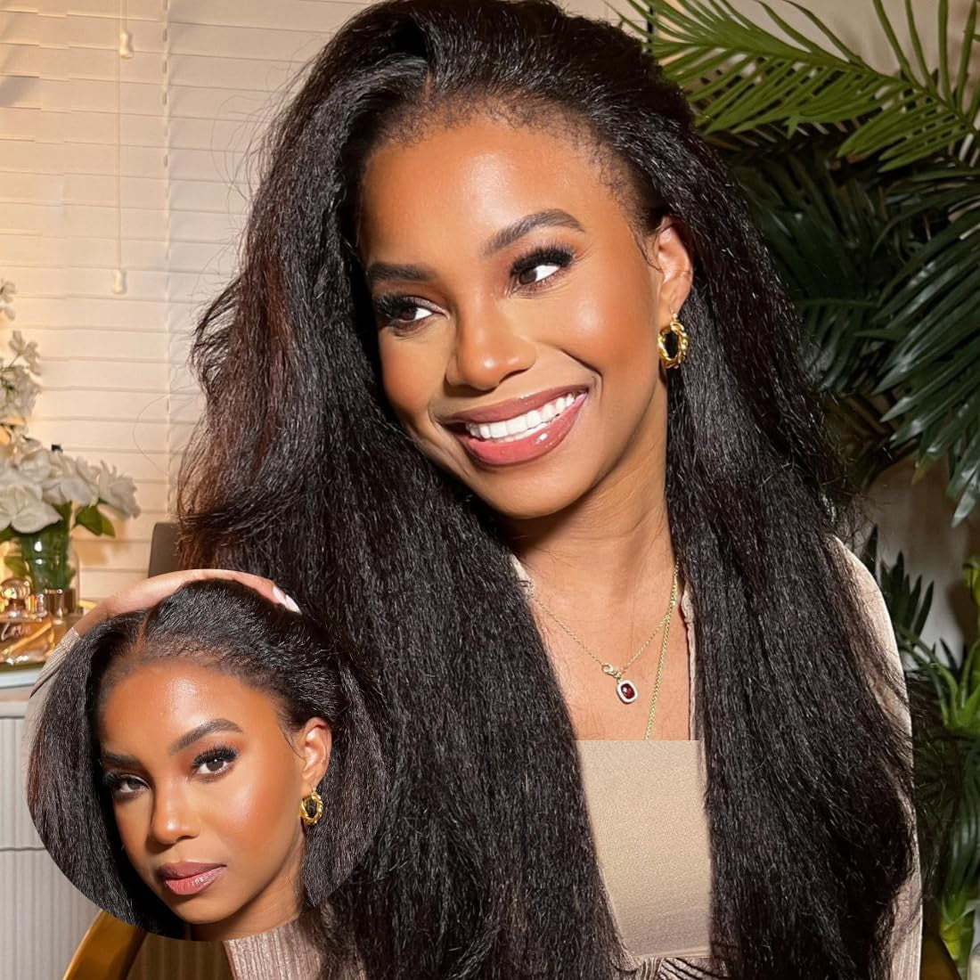 Mscathy 13X6 Kinky Straight Human Hair Lace Front Wig Pre Plucked Natural Black 16 Inch 180% Density Yaki Straight Lace Frontal Wigs For Women
