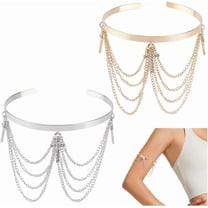 2Pcs Silver Gold Tassel Cuff Bracelet Upper Arm Rhinestone Layered Cuff Bangle Bracelets Glitter Shining Summer Metal Arm Jewelry Bulk for Women Party Dresses Costume Outfits Clubs