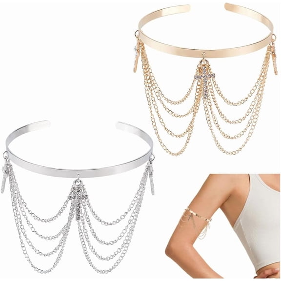 2Pcs Silver Gold Tassel Cuff Bracelet Upper Arm Rhinestone Layered Cuff Bangle Bracelets Glitter Shining Summer Metal Arm Jewelry Bulk for Women Party Dresses Costume Outfits Clubs