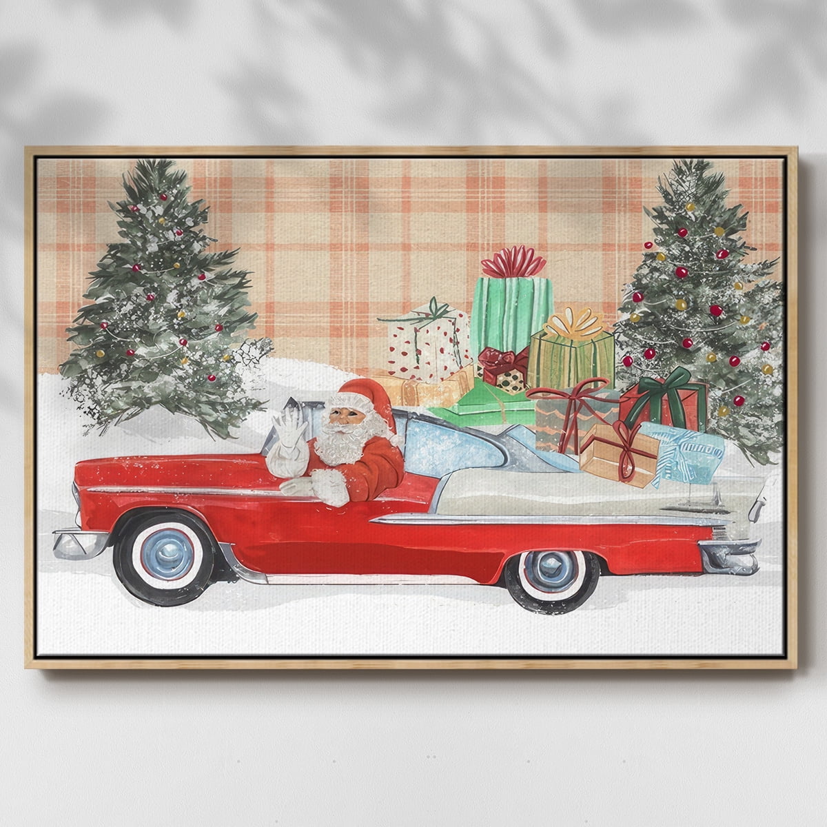 Santa on Wheels Collection A - Framed Gallery Wrapped Holiday Canvas - 17 x 25 - Natural Wood Frame