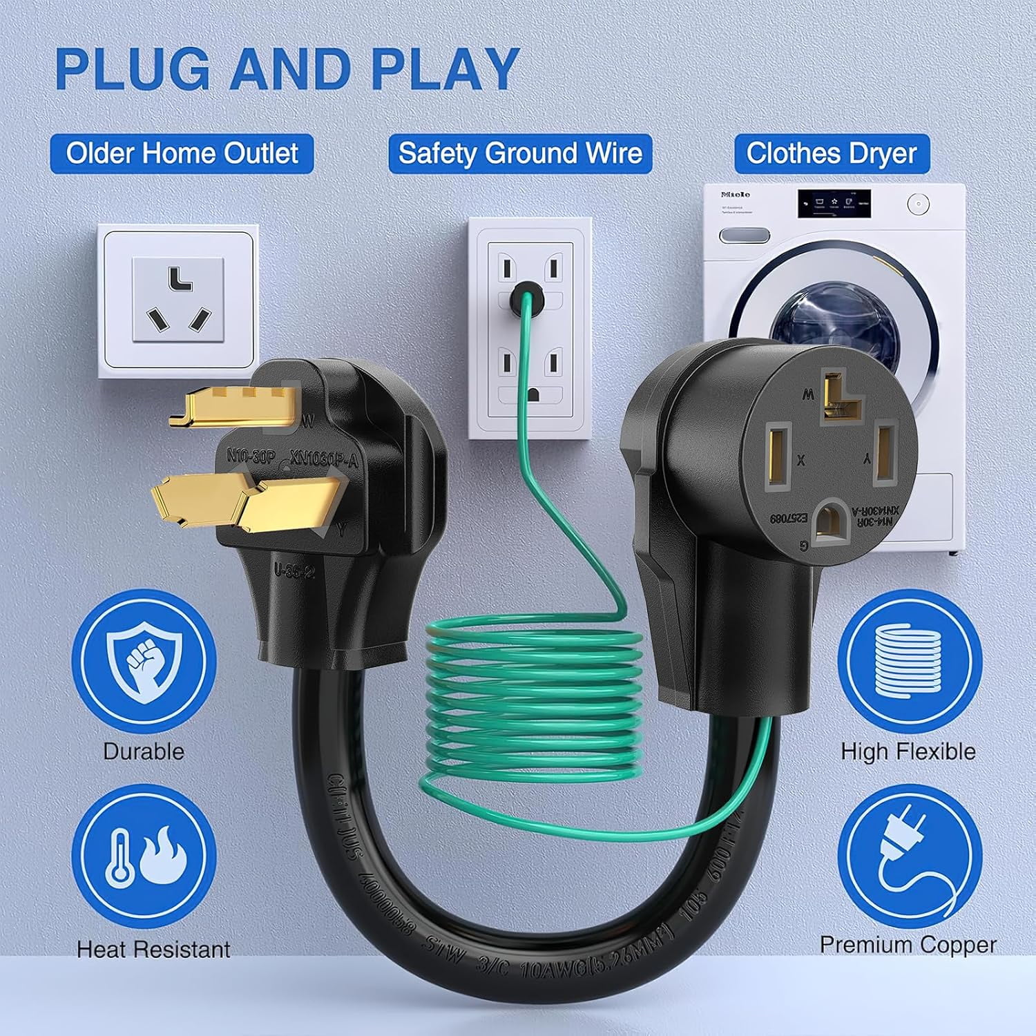 Nilight EV Dryer Adapter Cord 30 Amp to 30Amp 3 Prong 125V 3750 Watt Pure Copper Dryers Old Outlet New Plug Conversion Heavy Duty 10 Gauge Wires 10-30P to 14-30R 30M/30F