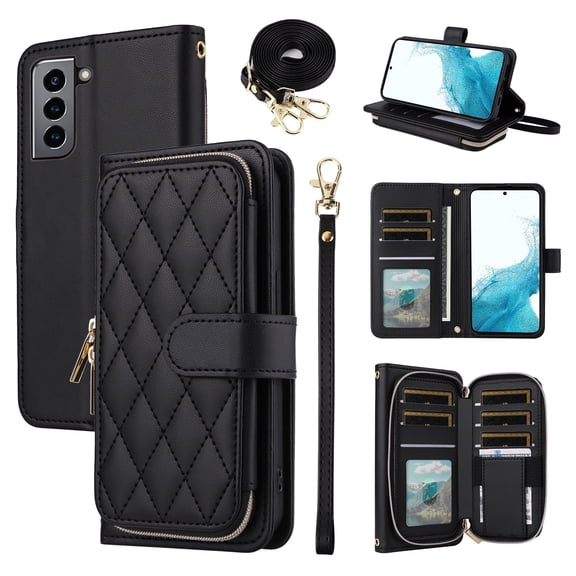 Furiet Wallet Case for Samsung Galaxy S21 FE 5G with Wrist Strap, Shoulder Strap, 9  Card Slots Zipper Purse, Leather Stand Cell Phone Cover for S 21 EF S21FE5G UW S21FE 21S G5 6.4 inch Women Black