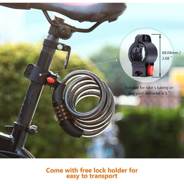 4 pieds haute sécurité 5 chiffres combinaison réinitialisable enroulement vélo  câble antivol, vélo câble antivol pour vélo à l'extérieur 