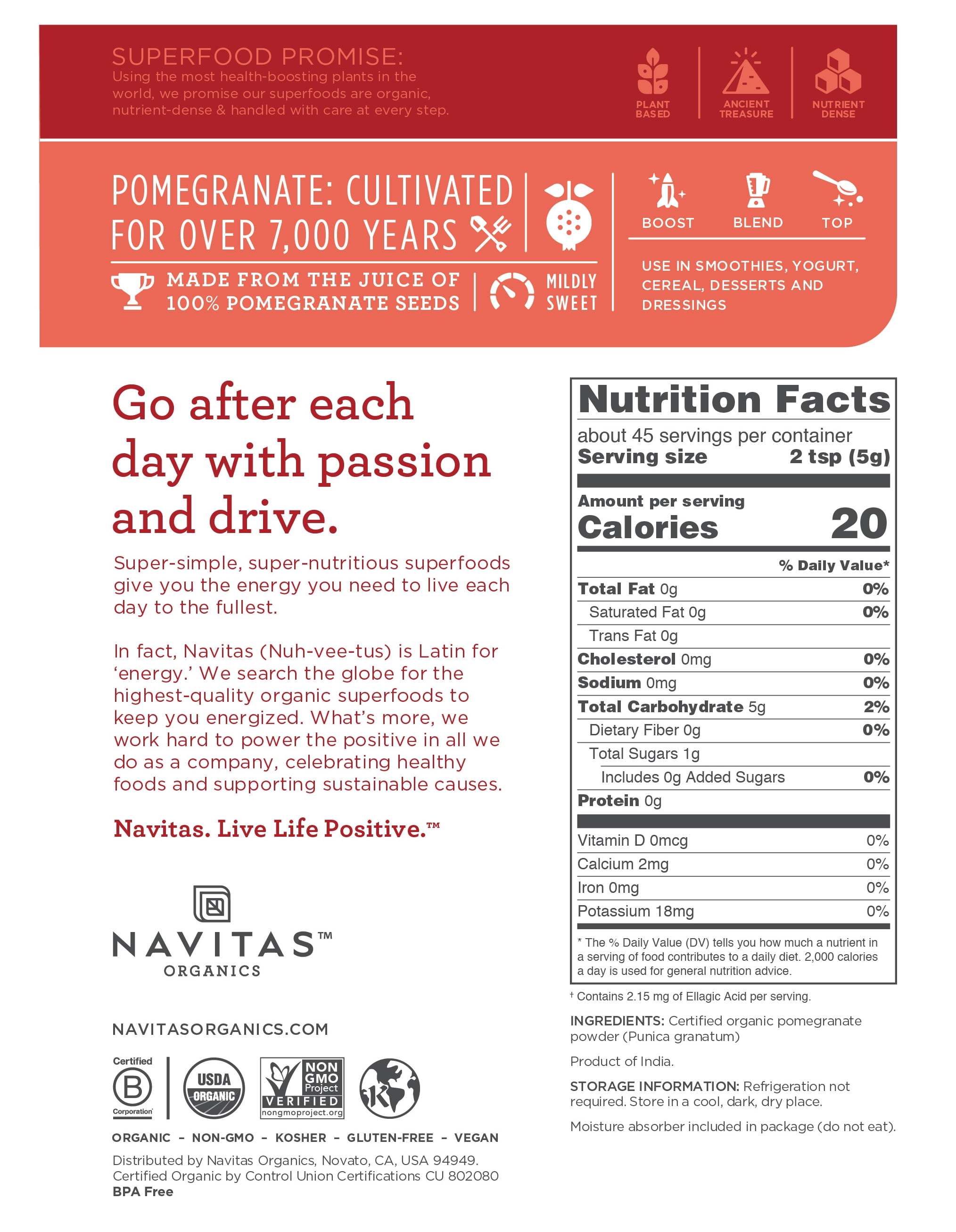 Navitas Naturals Pomegranate Powder - Organic - Freeze-Dried, 8 oz