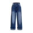 thumbnail image 6 of WTOBBY Women's Fashion Solid Color Straight Leg Rolled Edge Jeans with Pockets, Versatile and Casual Denim Trousers, Comfortable Fit with Modern Style,Blue L, 6 of 7