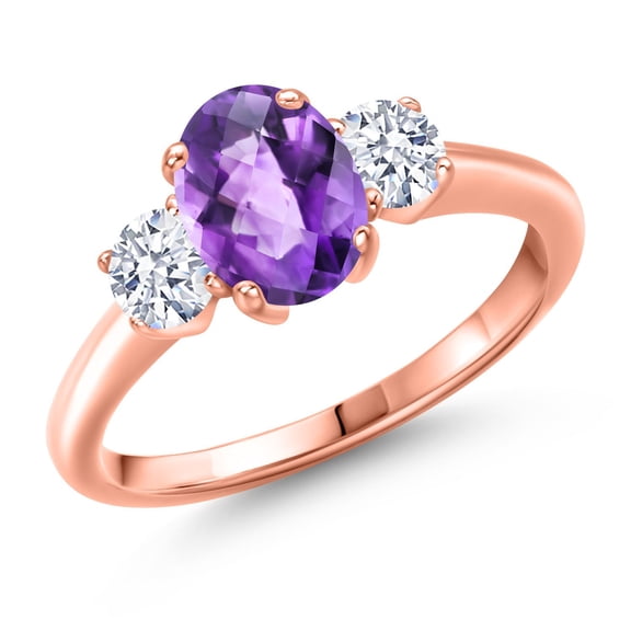 Gem Stone King 1.70 Ct Oval Checkerboard Purple Amethyst 18K Rose Gold Plated Silver Ring