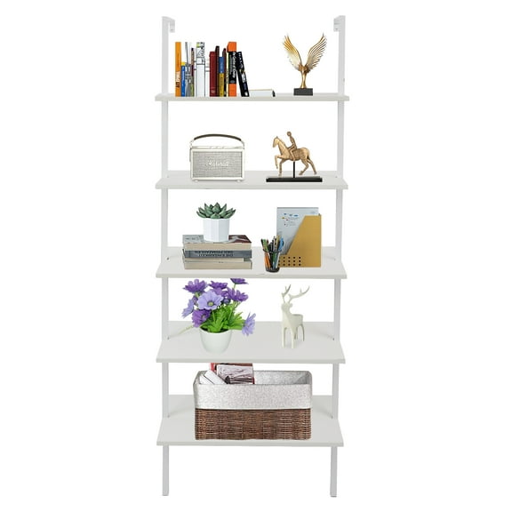 5-Shelf Ladder Bookcase with Metal Frame, 5-Tier Wood Ladder Shelf Wood Shelves, White