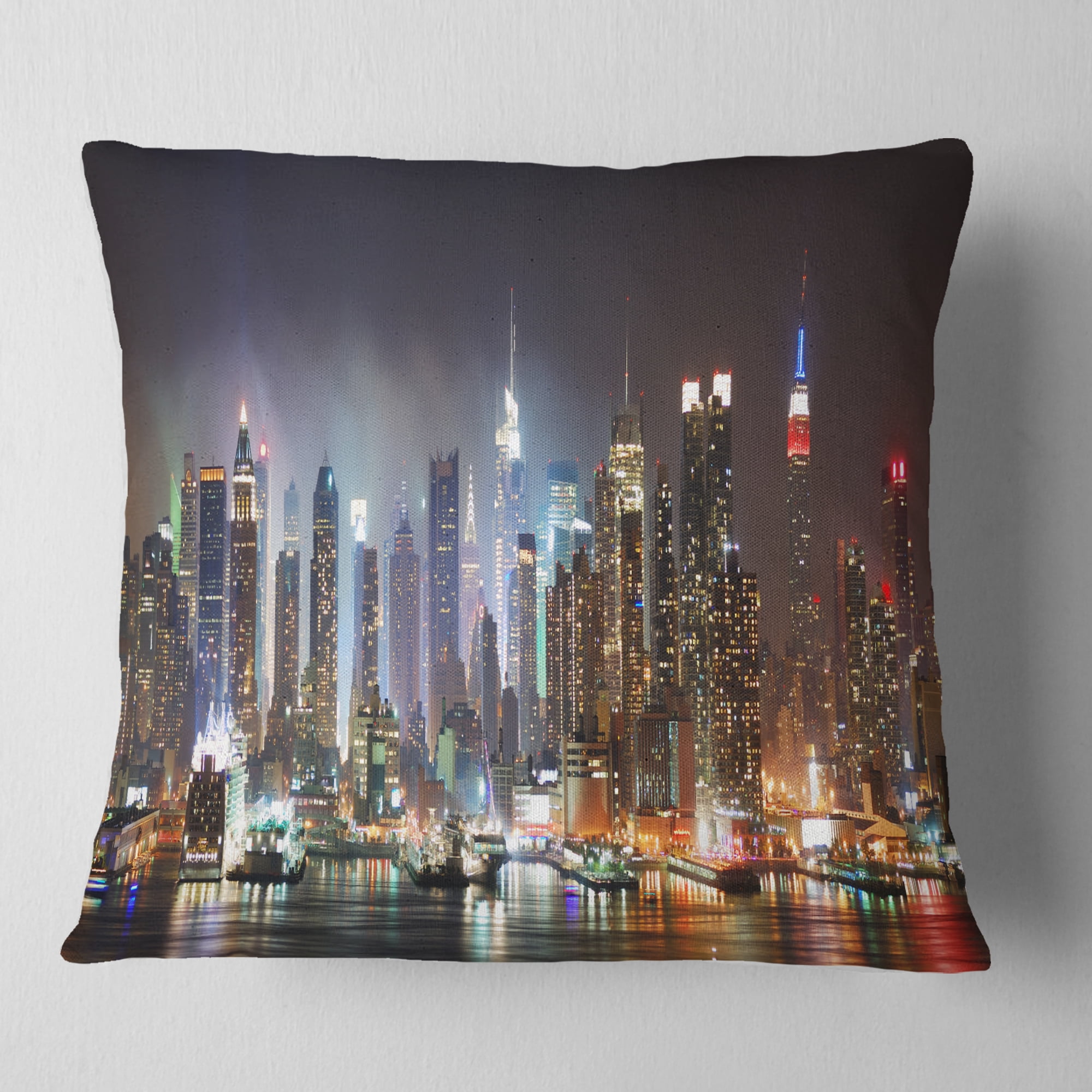 Designart Lit NYC Manhattan Skyline - Cityscape Photo Throw Pillow - 18x18