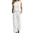 thumbnail image 2 of Karymi Overalls for Women 2 Piece Solid Beach Outfit Set, Crew Neck Sleeveless Tank Top+High Waist Wide Leg Pants with Side Pockets & Button Slit Hem Womens Tops, 2 of 7