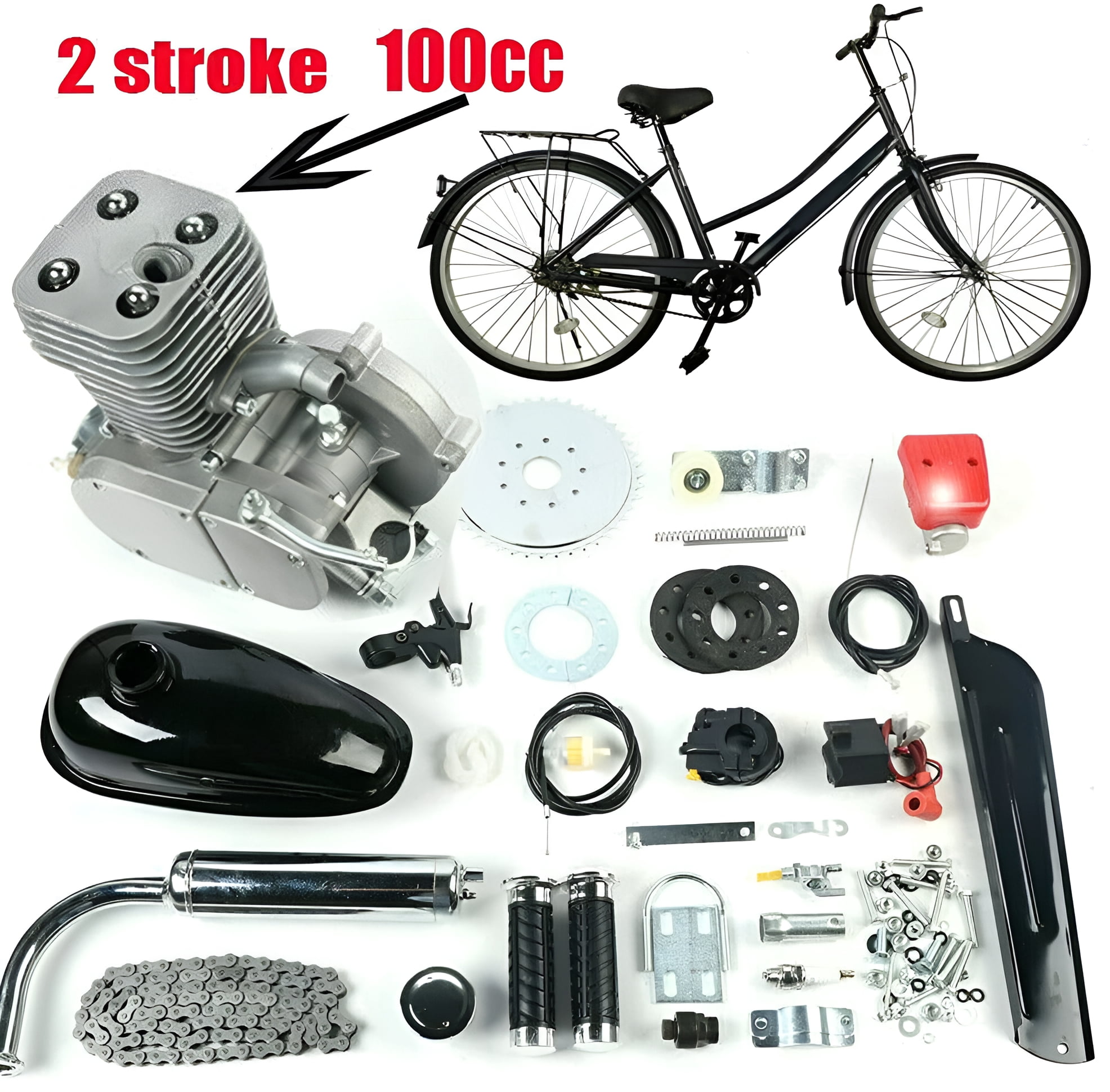 Anqidi Full Set 100CC 2-Stroke Bicycle Petrol Engine Kit Motorized Bike Gas Motor Conversion Kit for Most 26" / 28" Bikes CDI 44 Tooth