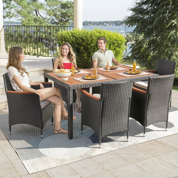 Lacoo 7 Pieces Outdoor Patio Dining Set with PE Rattan Wicker Dining Table and Chairs Acacia Wood Tabletop, Curved Wood Armrest Chairs with Cushions