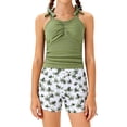 thumbnail image 2 of Swimsuit for Girls 2 Piece Ruched Tie Straps Swimwear Tank Top and Swim Shorts Summer Beach Vacation Bathing Suit Army Green Size 9-10 Y, 2 of 5