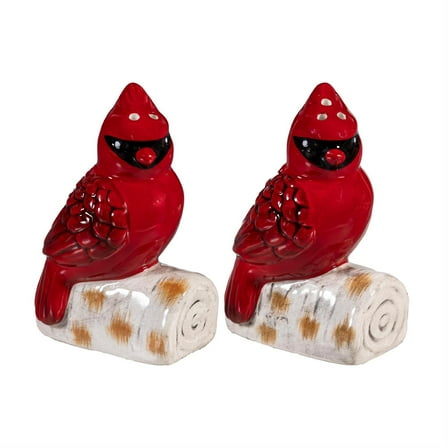 Holiday Poinsettia Salt & Pepper Shakers Ceramic Cardinal on Log, Set of 2
