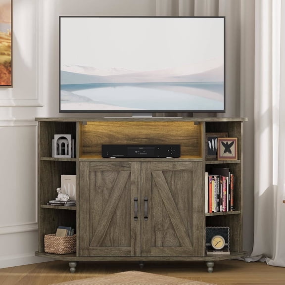 Corner TV Stand for 50 Inch TV, 45" Farmhouse Corner Entertainment Center with Led Light, Open Storage, Adjustable Shelves, TV Cabinets for Living Room, Bedroom, Grey