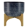 thumbnail image 4 of Alex 12 Inch Artisanal Industrial Round Hammered Metal Planter Pot with Wood Arch Stand Midnight Blue - Saltoro Sherpi, 4 of 7