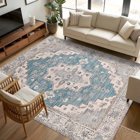 6x9 Area Rugs, Boho Blue Non-Skid Rubber Backing Large Rectangle Rugs - Living Room Bedroom Home Office, Southwestern Boho Geometric Abstract Art Indoor Floor Mat Carpets Washable Rug