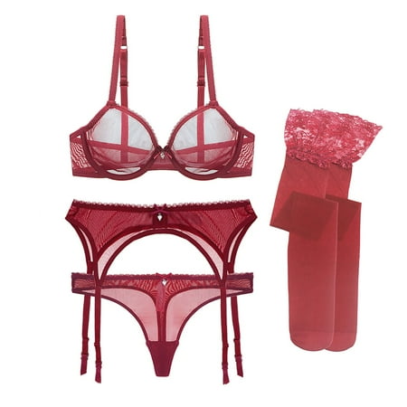 

Varsbaby Women s Mesh Bra Garter Belt and Stockings Lingerie Set