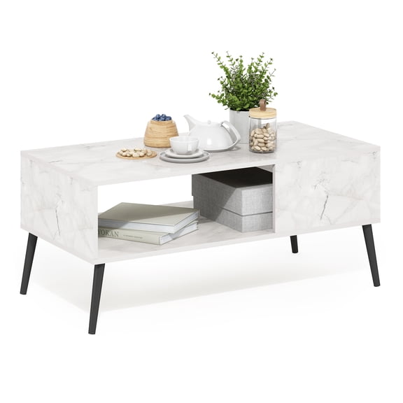 Furinno Claude 2-Tier White Coffee Table, Mid-Century Style Coffee Table with Wooden-Legs, Side Table with Open Shelf, for Living Room, Bedroom, Home Office, Light Marble