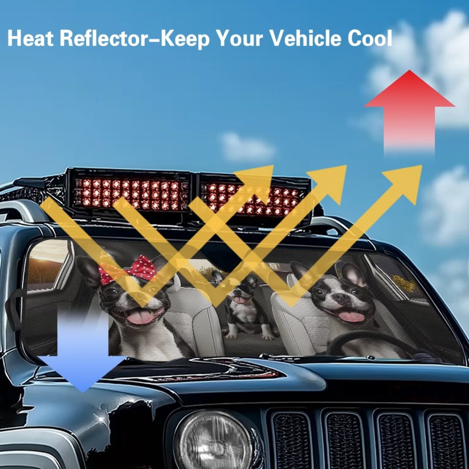 XYZCANDO Bulldog Windshield Sun Shade Compatible with Jeep Wrangler TJ JK JL & Gladiator JT Foldable Windshield Sunshade Sun Visor Blocks UV Rays Keep Your Vehicle Cool