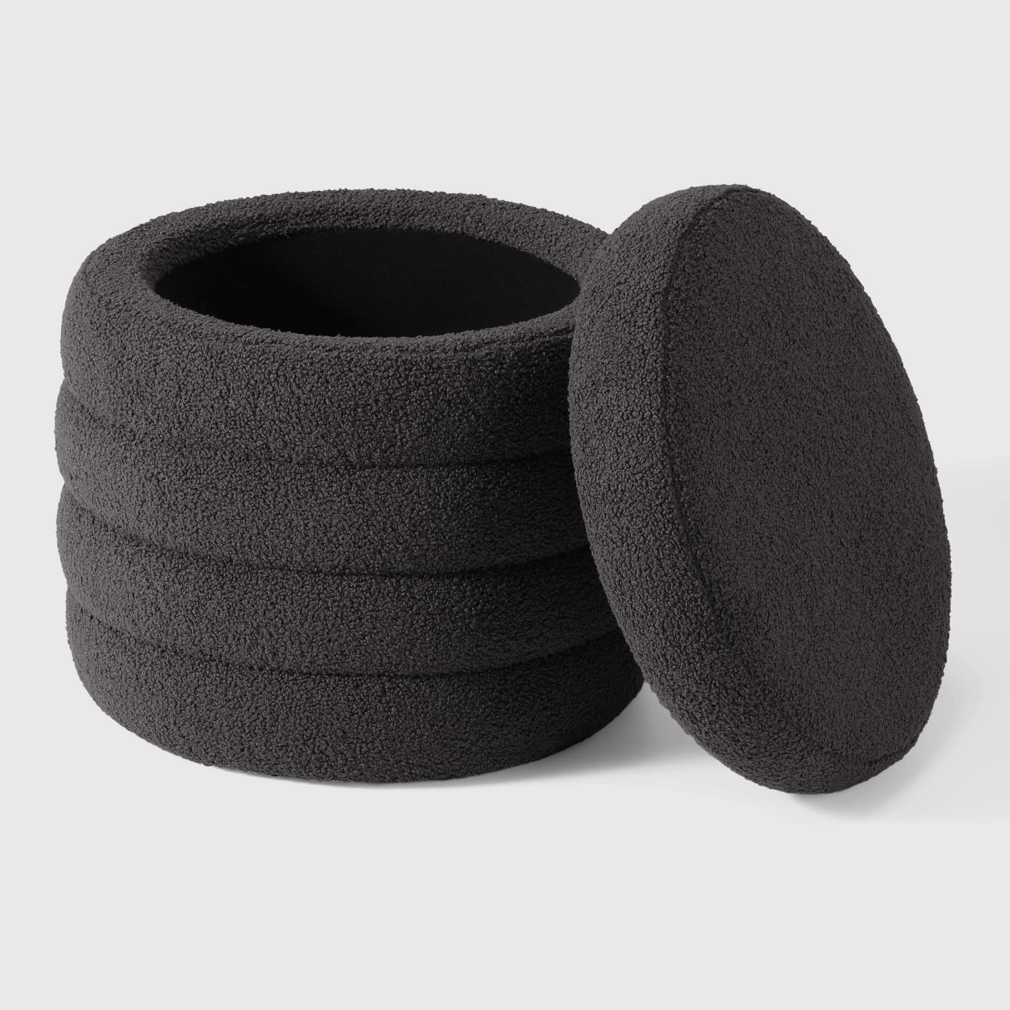 WestinTrends Alexandria Mid-Century Modern Faux Sherpa Round Storage Ottoman, Charcoal Gray