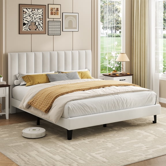 Queen Bed Frame with Adjustable Headboard, Velvet Upholstered Platform Bed Frame Queen Size, Strong Wooden Slats, No Box Spring Needed, Easy Assembly, White