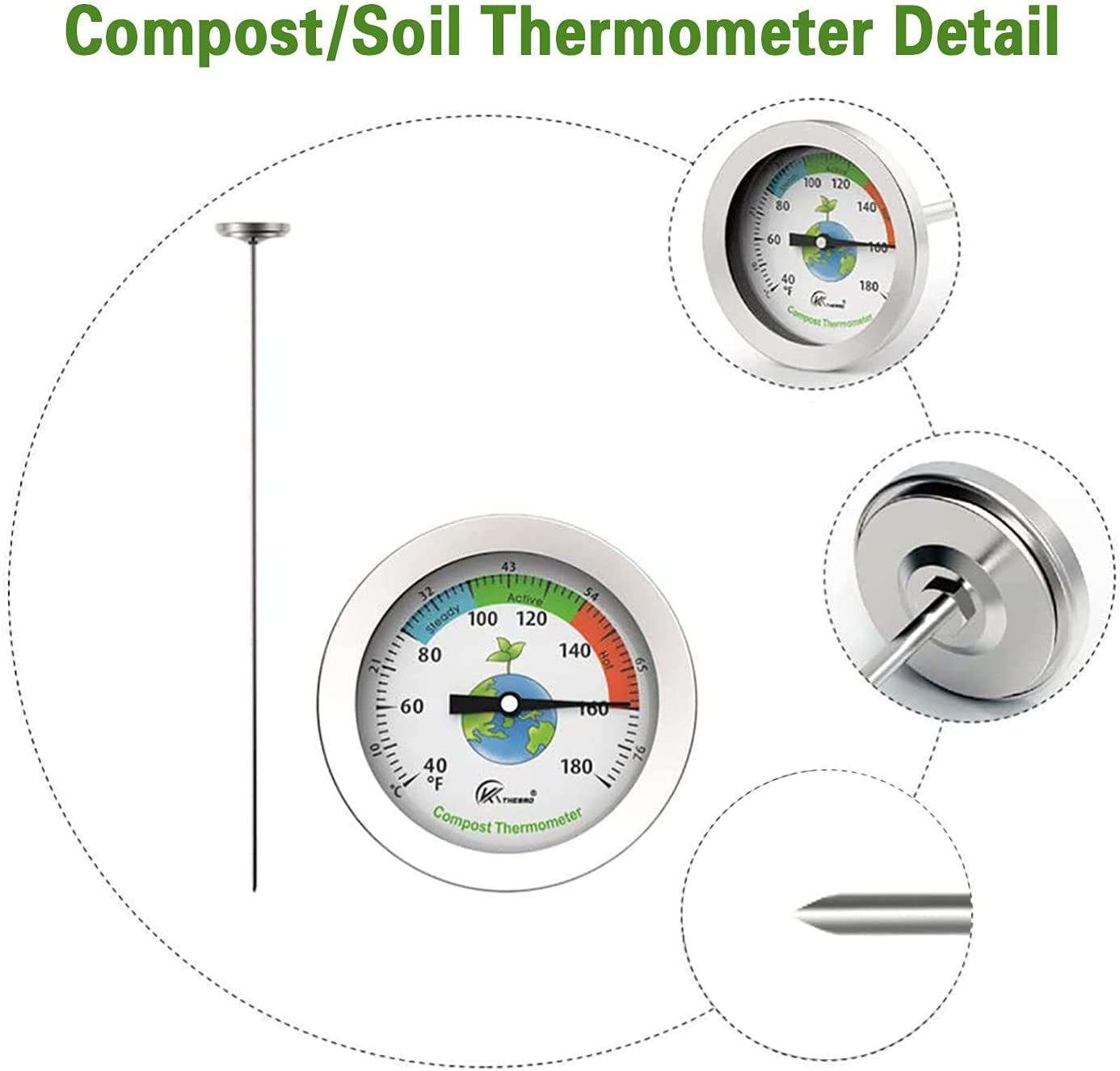 Buy Nogis Compost Thermometer Soil Thermometer 19.6 Inch Stem, Steel