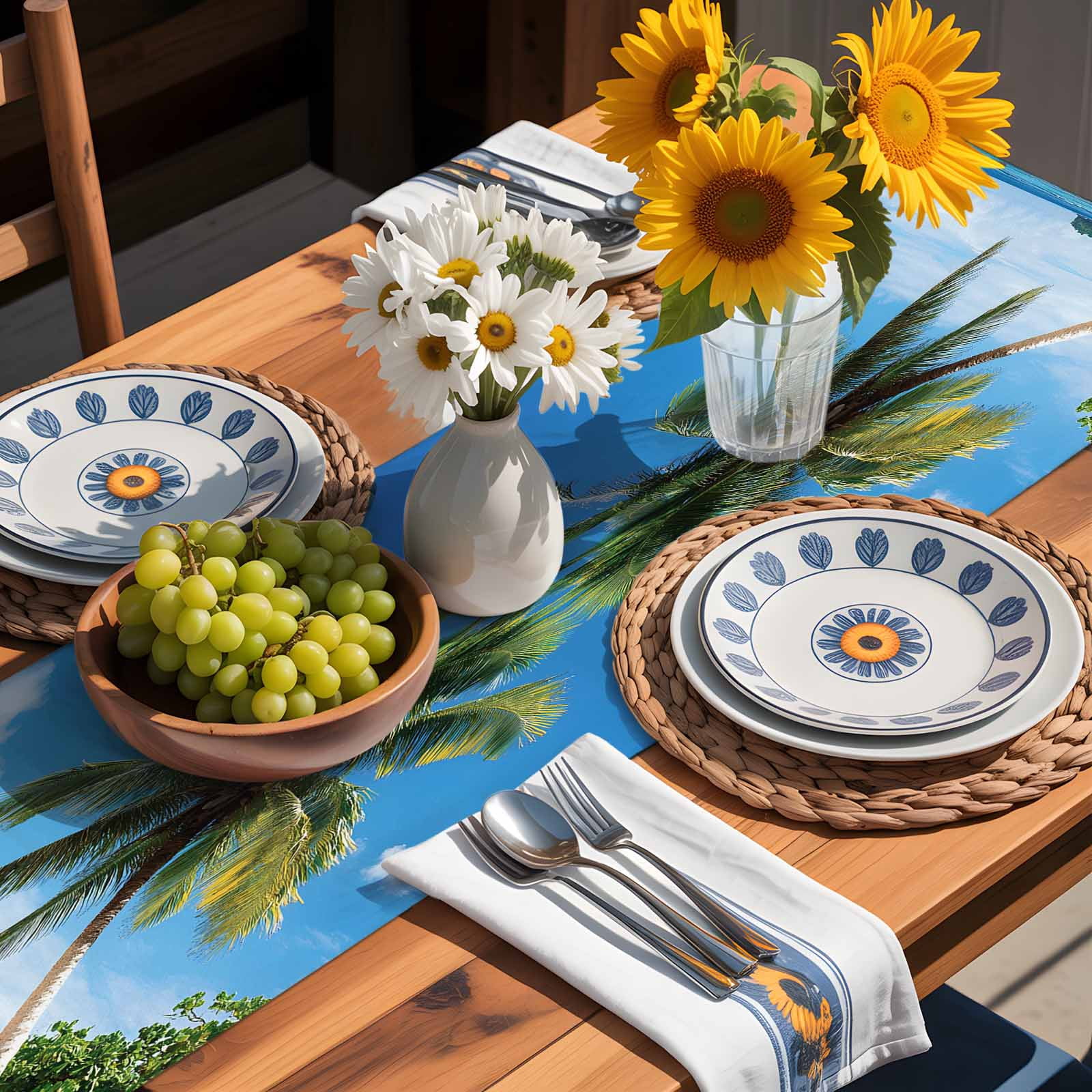 Summer Beach Coconut Tree Table Runner 90 Inches Long, Blue Ocean Sky Table Runners Tabletop Scarf Kitchen Dining Tables Decoration for Home Party Indoor Outdoor