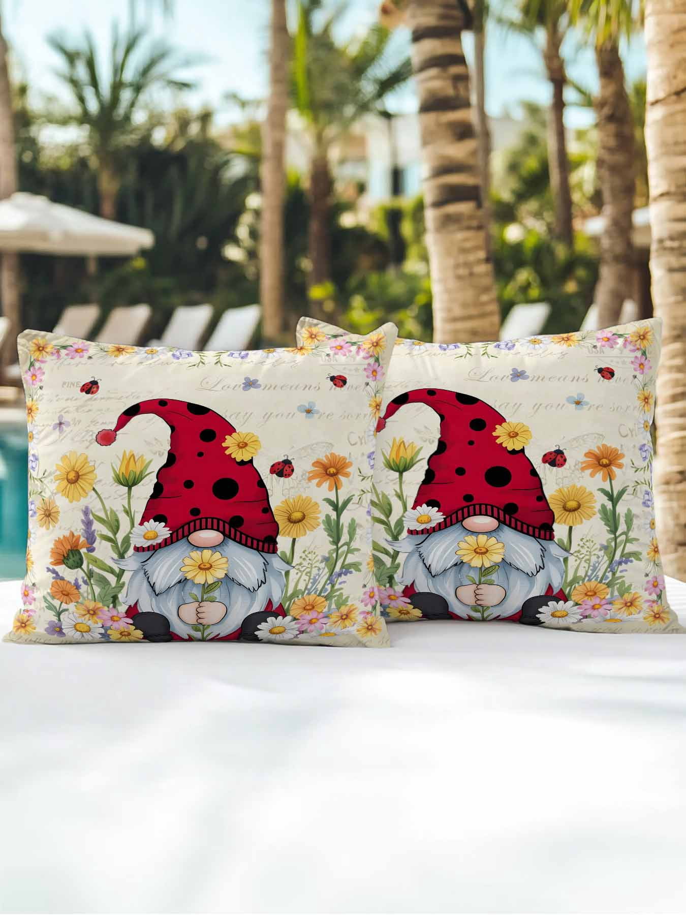 Outdoor Pillows Waterproof, Vintage Gnomes Bedding Throw Pillows with Insert for Couch Sofa Bed, Rustic Pastoral Daisy Botanical Floral 16x16 Inch Pillowcases Decorative Patio Pillow Set of 2