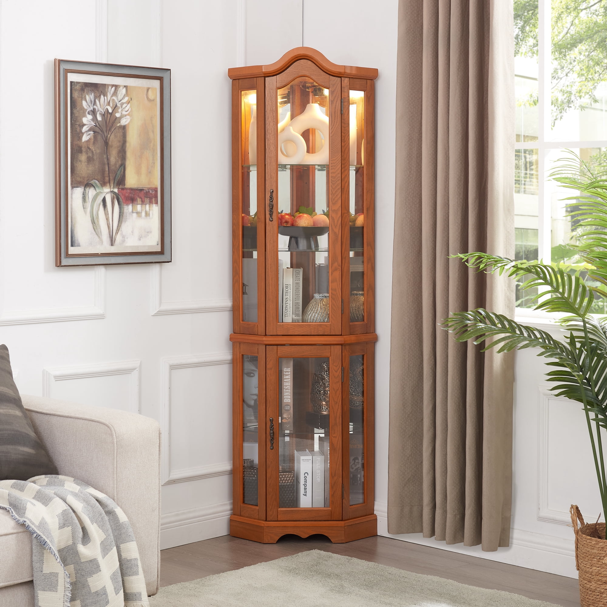 Leumius Curio Cabinet Lighted Glass Display Curio Cabinet with Tempered Glass Doors and Shelves, Crown Corner Cabinet with Bulb, Corner Storage Decoration for Living Room and Bedroom Oak