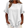 thumbnail image 3 of VBVC Women's Cotton Blend Ruffle Trim Blouse, Ladies' Lightweight Short Sleeve Top, Casual Crew Neck Shirt For Women,White,S-2XL, 3 of 6