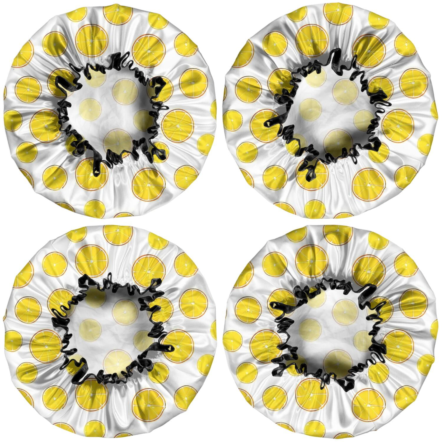 Shower Caps,Yellow Lemon Fruit Slices White Pattern Waterproof Shower Cap for Women 4 Pieces,Double Reusable Hair Cover for Shower PEVA Elastic Stretch Hem
