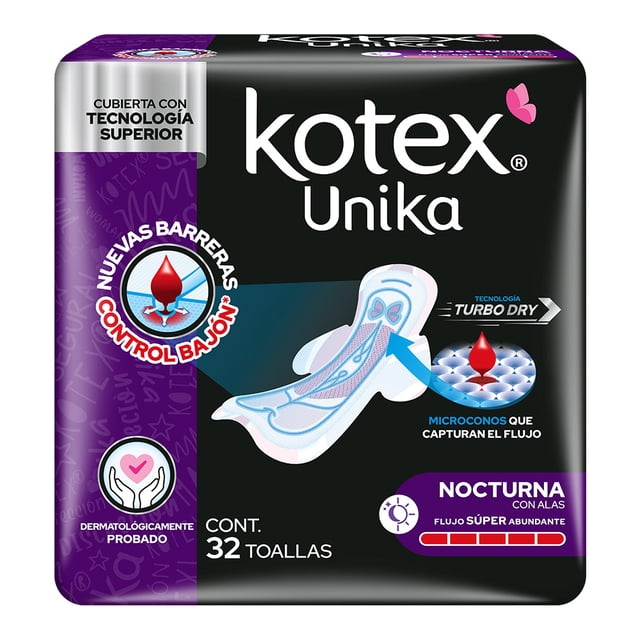 Toallas Femeninas Kotex Unika Toallas Nocturna con Alas 32 piezas