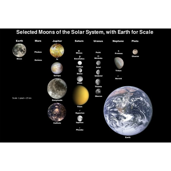 24x36 gallery poster, Main moons of the Solar System with Earth to scale