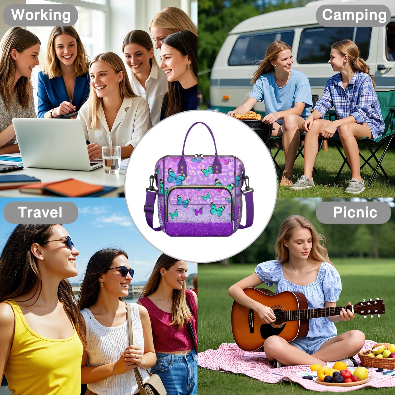 Butterflies Lovers Artistic Lunch Tote – Insulated Leakproof Large Cooler Bag with Colorful Floral Patterns, Dual Compartments for Outdoor or Office