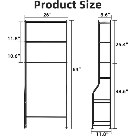 3-Tier Over The Toilet Storage, Freestanding Metal Bathroom Shelves, Space Saver Above Toilet Shelf, Black