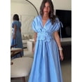 thumbnail image 2 of Vestido largo elegante 3d con flores plisado liso para mujer, vestido elegante con cuello en V, manga corta, cordón, batas con cordones, ropa de calle de verano para mujer, 2 of 5