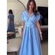 thumbnail image 2 of Vestido largo elegante 3d con flores plisado liso para mujer, vestido elegante con cuello en V, manga corta, cordón, batas con cordones, ropa de calle de verano para mujer, 2 of 5