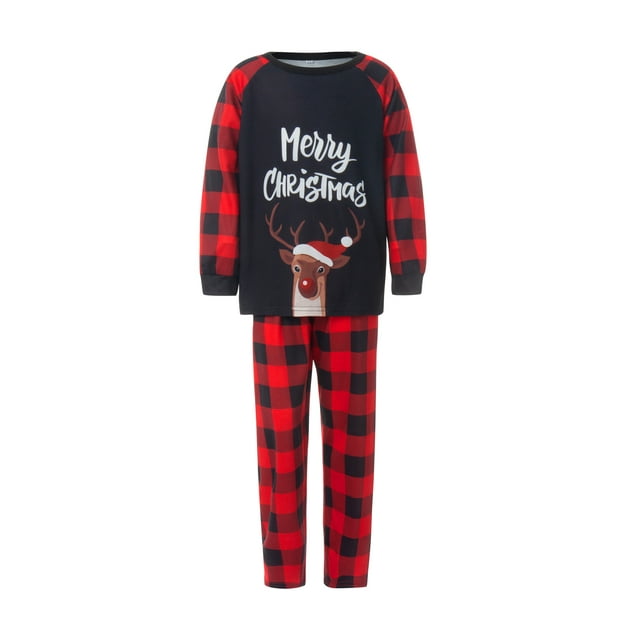 Diconna Ensemble de Pyjamas de Noël pour la Famille Imprimé Lettre Manches Longues Col Rond Hauts Pantalon à Carreaux