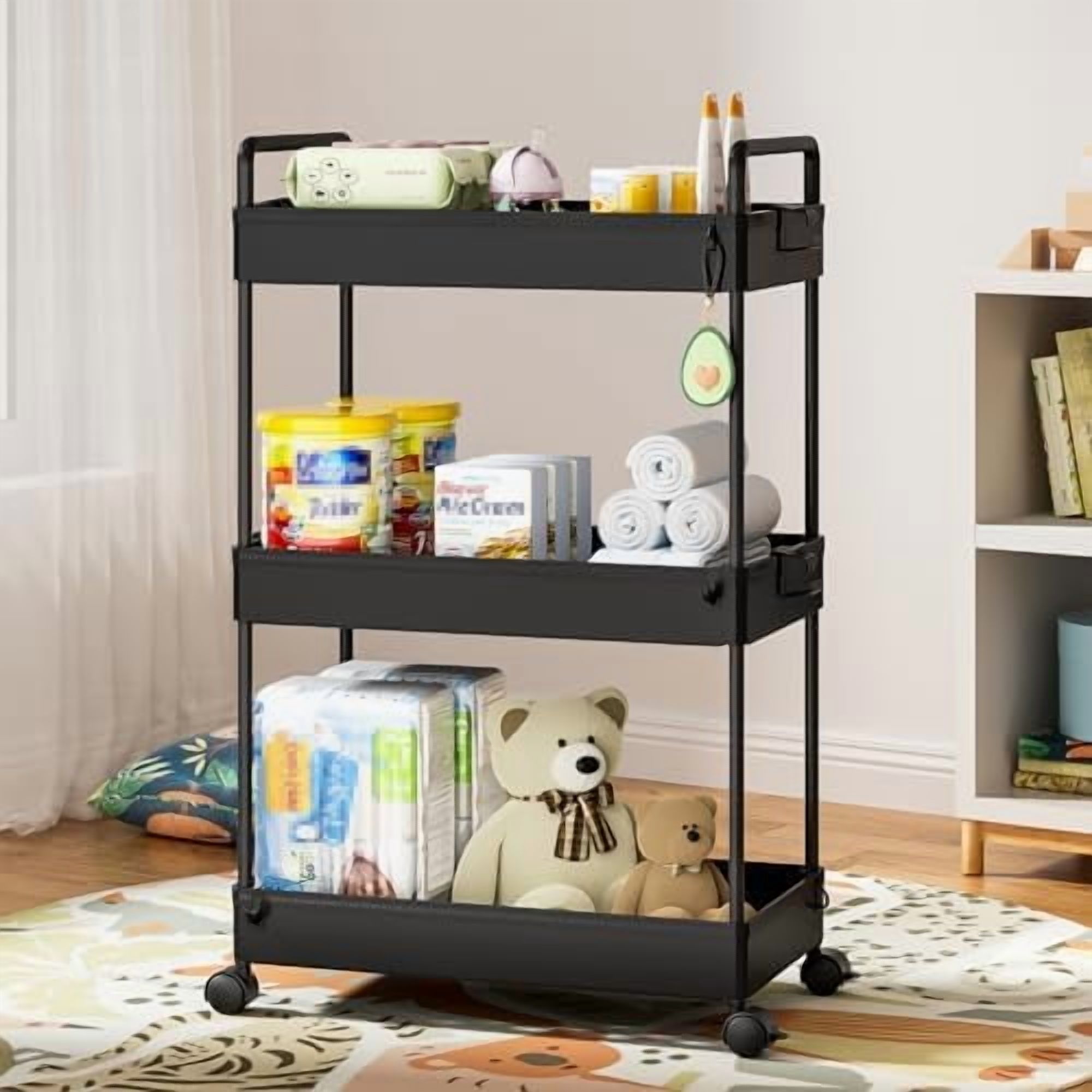 3 Tier Slim Rolling Storage Cart with Wheels Plastic Utility Cart Organizer for Snack Craft Art Postpartum Baby Diaper Nail Makeup in Bathroom Laundry Room Kitchen Bedside Narrow Space, Black