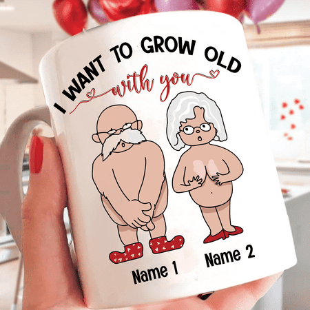 

Lotusprinthandmade Personalized Valentine s Day Couple I Want To Grow Old With You White Ceramic Mug (11oz) (Made In US) CusTom Romantic Coffee Mug