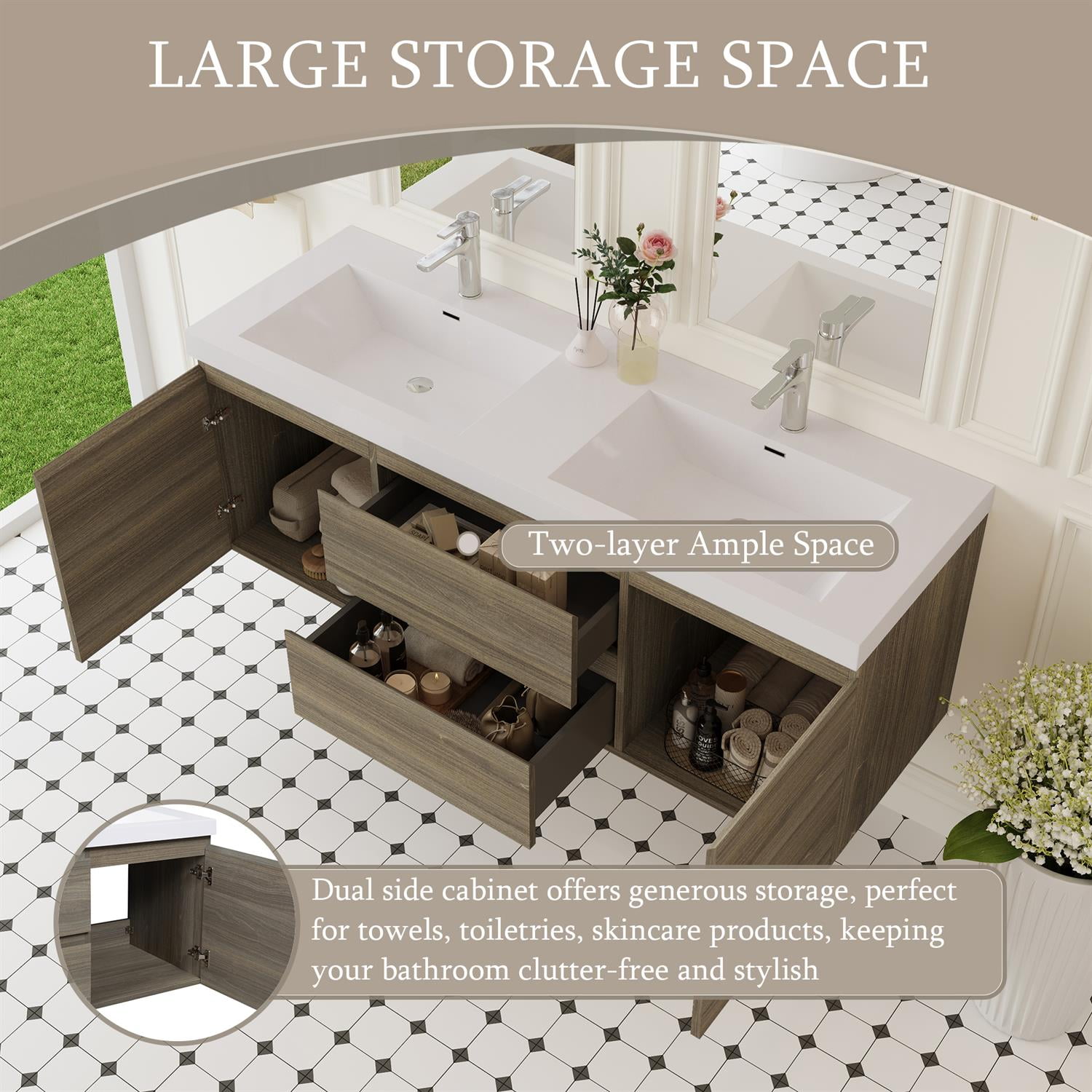 Demi Bonn 60" Floating Bathroom Vanity with Sink, Double Resin Top Basin and 2 Soft Close Drawers, 2 Storage Cabinet, Faucets and Drains Not Included, Gray