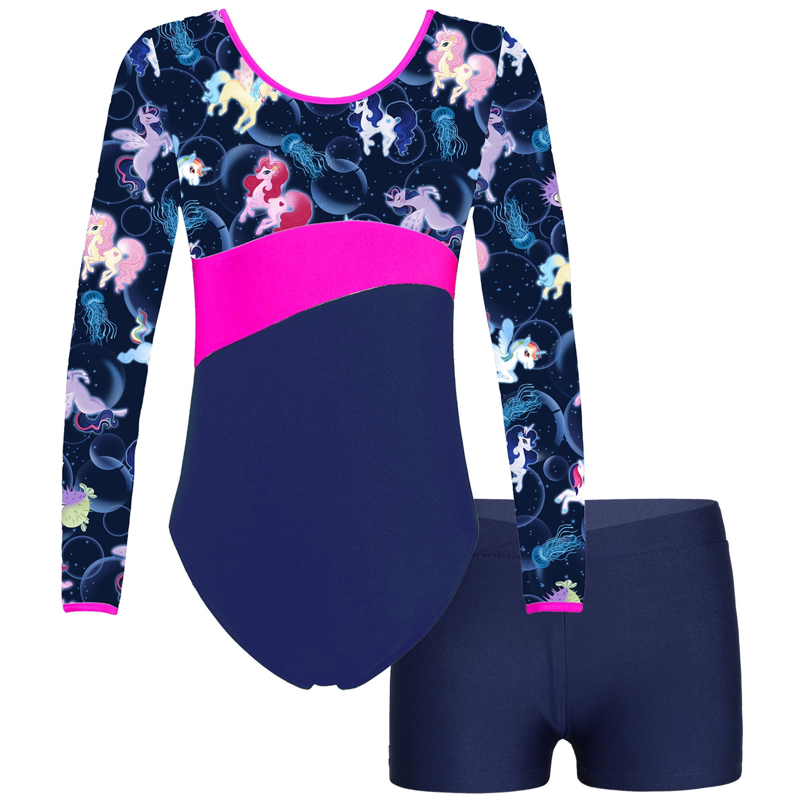 inhzoy Kids Girls Open Back Outfit Black Shorts Dance Unitard Athletic