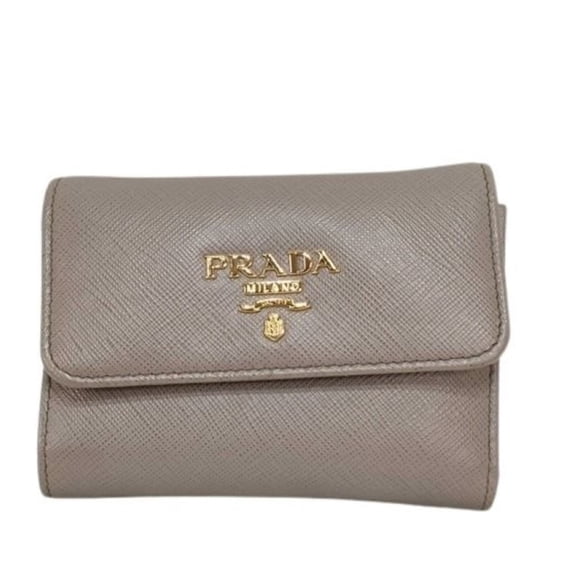 Pre-Owned PRADA Prada Tri-fold Wallet 1MH025 Greige Saffiano Leather Women's