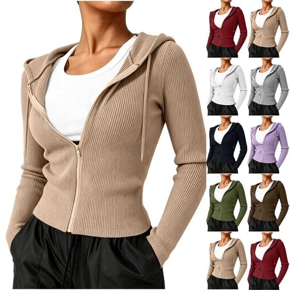 JPVDPA Women's Y2k Zip Up Hoodies Ribber Knit Cropped Jacket Slim Fit Long Sleeve Crop Tops Hooded Sweatshirts Purple S