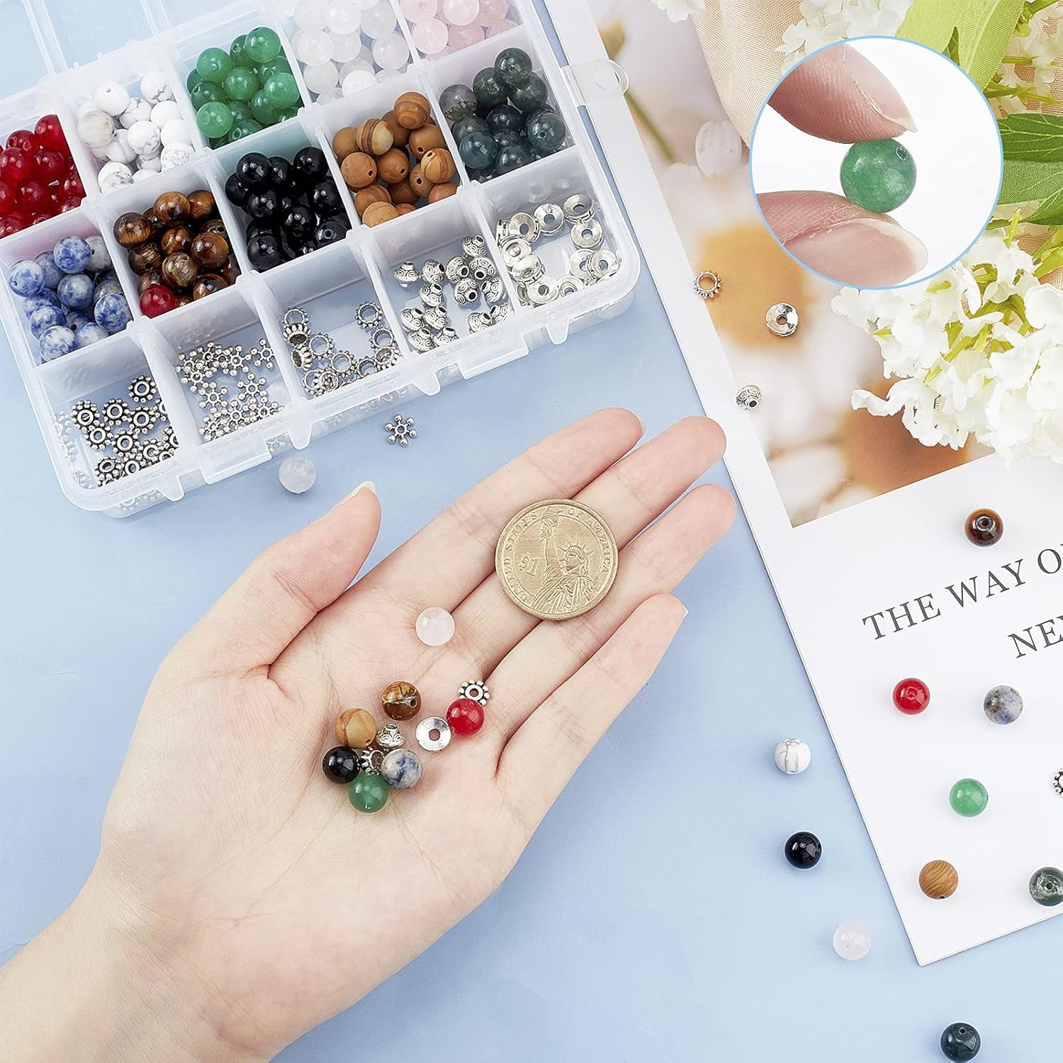 1 Box 350Pcs+ Stone Beads Box Set Kits 10 Material 8mm Gemstone Round Beads 5 Styles Alloy Spacer Beads & Thread & Scissors for DIY Bracelet Jewelry Making