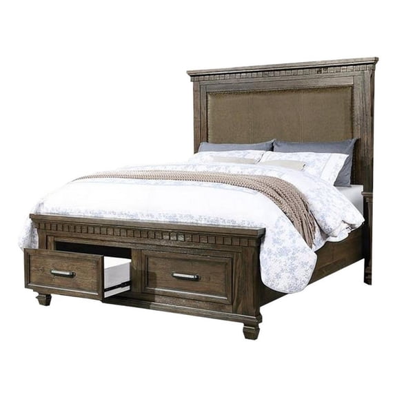 Benjara Ziv Classic Queen Size Bed with 2 Storage Drawers- Upholstered- Brown