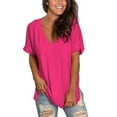 thumbnail image 5 of Women's V Neck T Shirts Casual Rolled Short Sleeve Side Split Summer Tops Loose Fit, 5 of 5