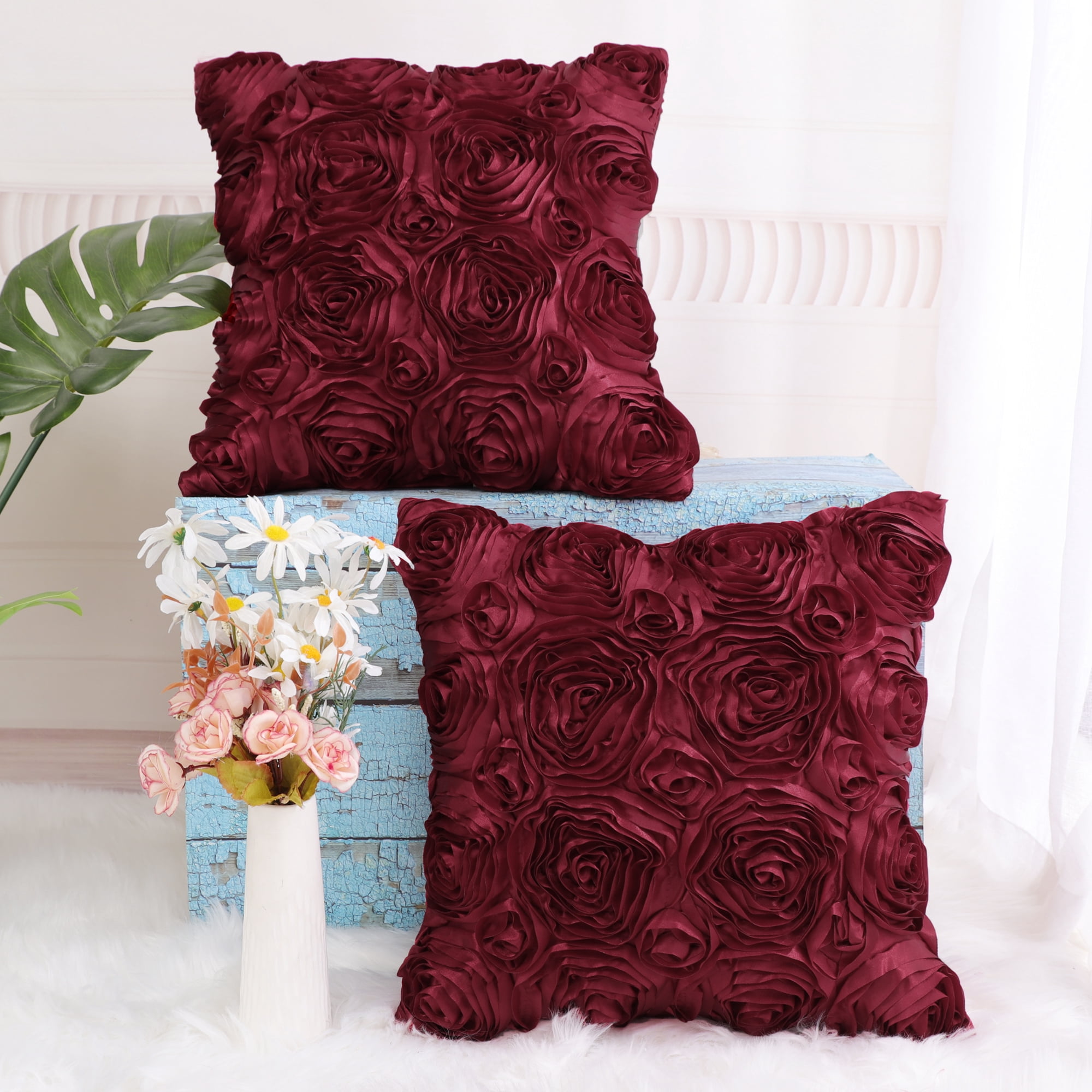 Unique Bargains 2-Pack 3D Flower Decorative Throw Pillow Covers 16" x 16" Burgundy